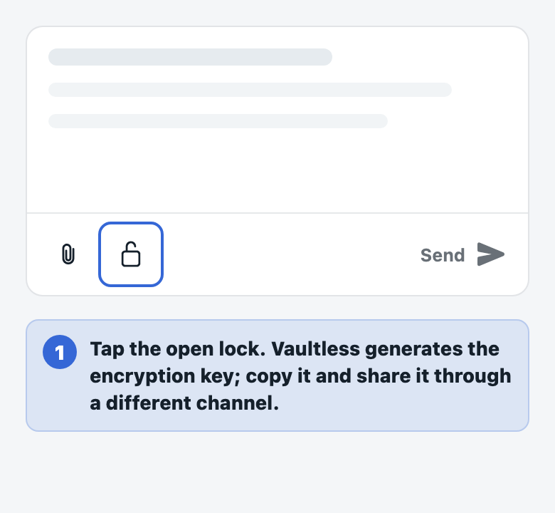Vaultless’s mail composer with its message encryption lock highlighted. Share the generated key through a different channel.